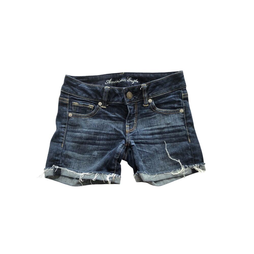 American Eagle Stretch Size 0 Dark Wash Denim Fringe Roll Cuff Jean Shorts